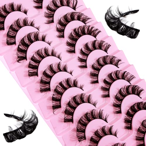 False Eyelashes Russian Strip Lashes D Curl Fluffy Wispy 10 Pairs Reusable Natural Look Faux Mink Volume Fake Handmade Thick Soft Long Dramatic E
