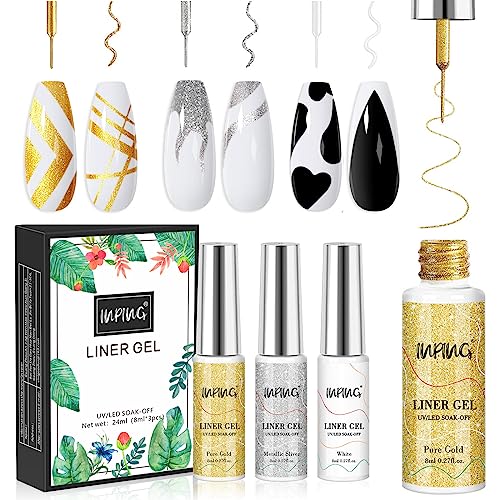 INPING Nail Art Liner Gel Polish, 2 Basic Colors Black White Liner Painted Gel Set Soak-Off UV/LED Nail Varnish Line Pen for Drawing Liner Swirl