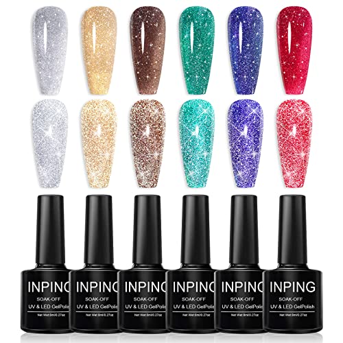 INPING Reflective Glitter Gel Nail Polish, 6 Colours Sparkly Shiny Diamond Flash In Darknight UV Polish, Sliver Gold Purple Blue Pink Green Disco