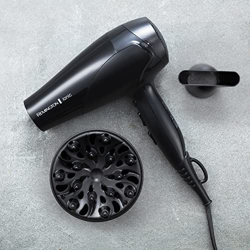 Remington D3198 Ionic Conditioning Hair Dryer for Frizz Free Styling with Diffuser and Concentrator Attachments, 2200 W - Black