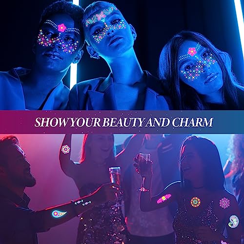 Scettar 15 Sheets Neon Temporary Tattoo, 200+UV Blacklight Neon Glow Fake Tattoos Multiple Designs Glow in the Dark Neon Tattoos Rave Festival Ac