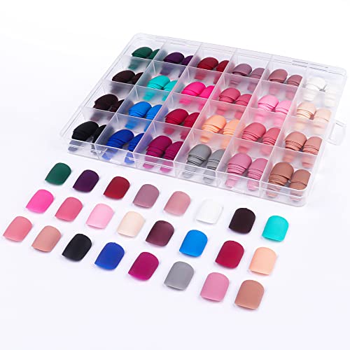 LADYING 24 Color (576 PCS) Matte Square Press on Nails Short,Colorful False Nails Short with Glue and Nail File,Reusable Stick on Nails with Tape