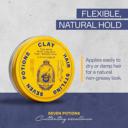 Seven Potions Men's Hair Styling Clay — Natural, Water-Based, Matte Hair Wax, High Hold Hair Styling Product — 100% Vegan, Cruelty Free (100ml)