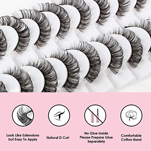 Glowingwin Cat Eye Lashes Natural Look Russian Strip Lashes D Curl Wispy Fluffy Russian Strip Lashes Hybrid Lashes 10 Pairs Pack Fake /False Lash