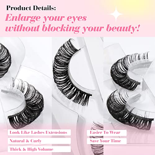 Newcally Russian Strip Lashes D Curl Wispy Fluffy False Eyelashes Natural Thick Volume Faux Mink Eye Lashes Reusable Handmade Like Fake Lashes Ex