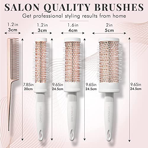 Round Brush Set for Women - Round Barrel Hair Brushes and Tail Comb for Blow Drying - Blow Dry Hairbrush For Women - White & Rose Gold by Lily En