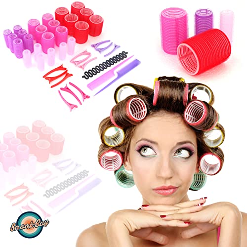 SnookBay 39 Pcs Hair Rollers Set - 24 Heatless Self Grip Velcro Curlers, 12 Duckbill Clips, 2 Combs,1 Braiding Device with Storage Bag (Rollers: