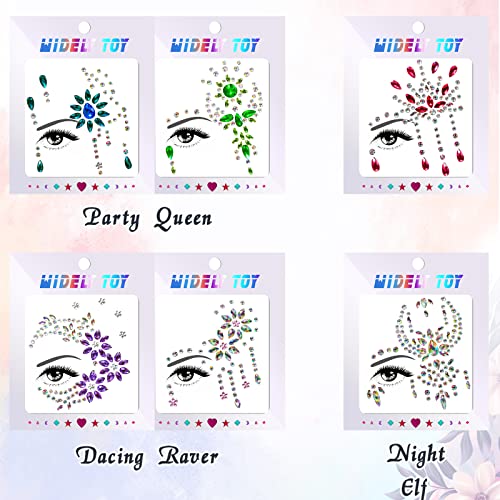 Face Gems Glitter 6PCS Festival Face Stickers Self-Adhesive Face Jewels Crystal Rhinestone Temporary Tattoo for Face Eyes Body Rave Festival Part