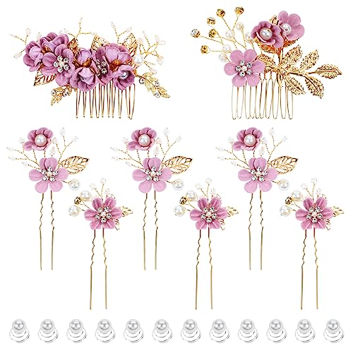 inSowni 20 Pack Classy Dusty Blue Flower Bridal Wedding Hair Side Combs+Floral Hair Pins+Twist Spiral Pearl Hair Pins Clips Pieces Formal Prom He