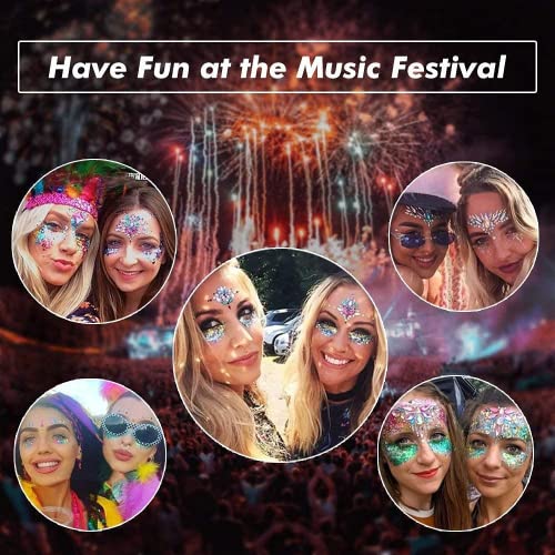 Face Gems, 9 Pcs Women Face Crystal Face Glitter Rhinestone Bindi Temporary Tattoo Face Eyebrow Body Stickers for Rave Festival Party