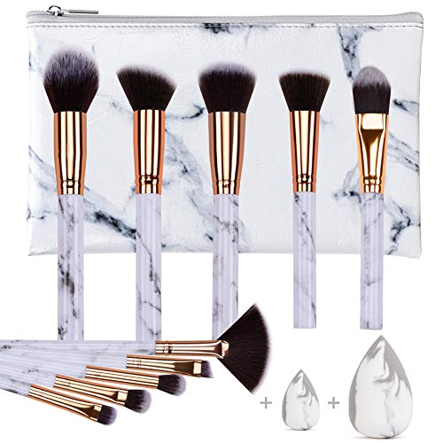 Makeup Brushes HEYMKGO Professional Marble Makeup Brush Set, Soft and Odor-free Natural Synthetic Bristles,10PCS + 2 Sponge Puff + Marble Pattern