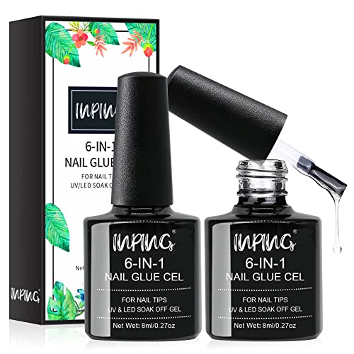 INPING Gel Nail Glue, 2PCS 8ML Nail Glue 6-In-1 False Nail Tips Gel Glue Kit Extra Strong Nail Bond Nail Glue Gel for Nail Extension Tips/Acrylic