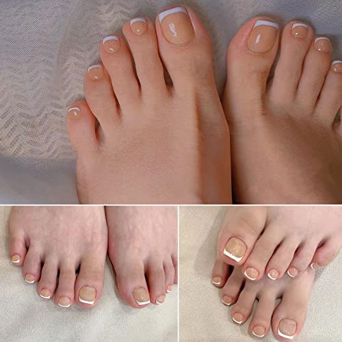 French False Toenails Tips with Glue, 96Pcs Full Cover Short Fake Toe Nails, 12 Sizes French Artificial Acrylic Toe Nails with Nail Files, Stick