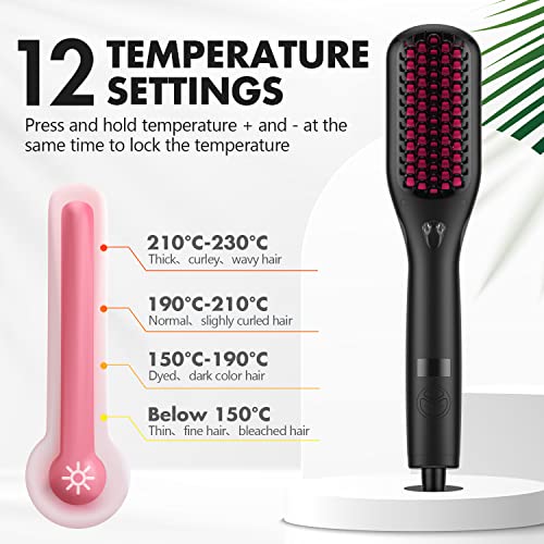 Hair Straightener Brush, MiroPure Enhanced Ionic Hair Straightening Brush, 30s Fast MCH Heating, 12 Temperature Settings, Temperature Lock & Auto