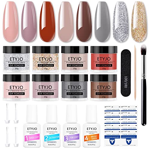 8 Colours Dip Powder Nail Kit, Glitters Color Nail Dipping Powder Set with Base/Top Coat, Activator and Brush Saver, Nail Powder Dip Kit Home DIY