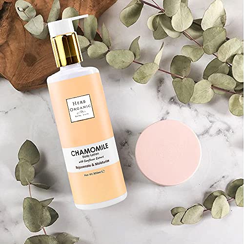 HerbOrganic Chamomile Body Lotion - 300ml - For Acne and Dry Skin - Rejuvenate and Mosturizes Skin - Sunflower Extract - Suitable to Sensitive Sk