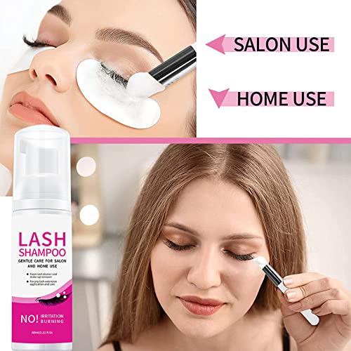 Eyelash Extension Cleanser 60ml+Brush+ Mascara Wand, Mousse Eyelash Shampoo for Eyelash Extensions, Lash Cleaning Kit, Relieve Itching, Eyelash E