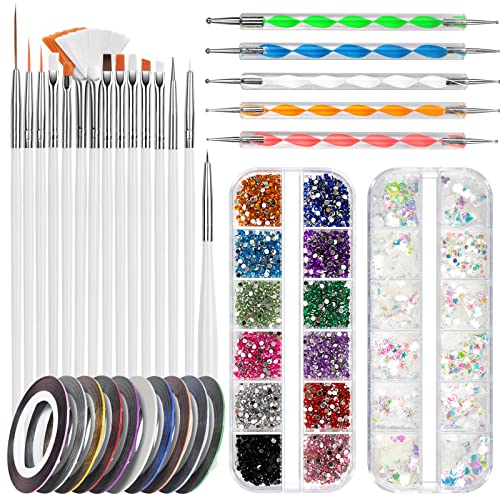 FANDAMEI Nail Starter Kit with Nail Gems - 15pcs Nail Pen Designer + 5pcs Dotting Tool + 10pcs Nail Striping Tape + 12 Boxes Nail Crystals + 12 B