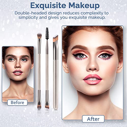 Eye Makeup Brushes Set DUAIU 3 pcs Dual-ended 2-in-1 Makeup Brushes For Wild Eyebrows Brush, Eye Shadow Brush, Halo Brush, etc