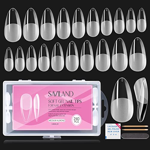 Saviland Soft Gel Full Cover Nail Tips - 240PCS Medium Almond nail tips Shape Gel x Nails Kits Fake False Nails Nails Tips No Need to File with N