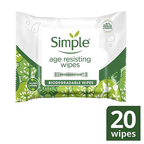 Simple Regeneration Age Resisting Biodegradable Facial Wipes remove make-up and fights premature ageing for sensitive skin 20 wipes,package may v