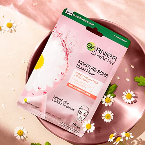 Garnier Moisture Bomb Chamomile and Hyaluronic Acid Sheet Mask, Hydrating & Soothing Face Mask, For Sensitive Skin, Biodegradable and Vegan Tissu