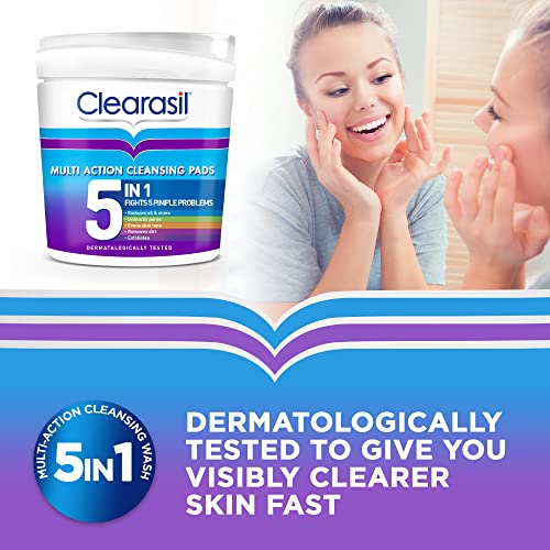 Clearasil 5-In-1 Multi-Action Cleansing Salicylic Acid Pads, Face Exfoliating For Acne Prone Skin, Unblock Pores, Reduces Blackheads, Pimples & E