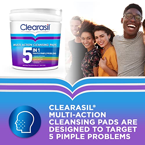 Clearasil 5-In-1 Multi-Action Cleansing Salicylic Acid Pads, Face Exfoliating For Acne Prone Skin, Unblock Pores, Reduces Blackheads, Pimples & E