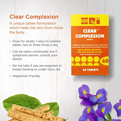HRI Clear Complexion Tablets. Natural Active Herbs to Relieve Mild Skin Conditions. for The Treatment of Mild Acne, Spots, Pimples, Blemishes, Mi