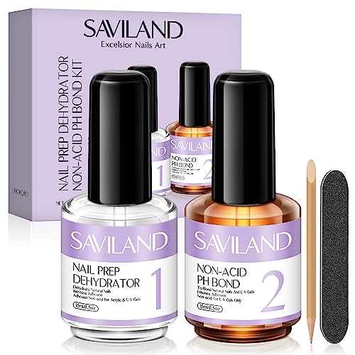 Saviland Nail Prep Dehydrate and Acid-free Primer, Fast Air Dry Long-Lasting Superior Bonding Nail Prep Set for Gel Nail Polish,Acrylic Powder et