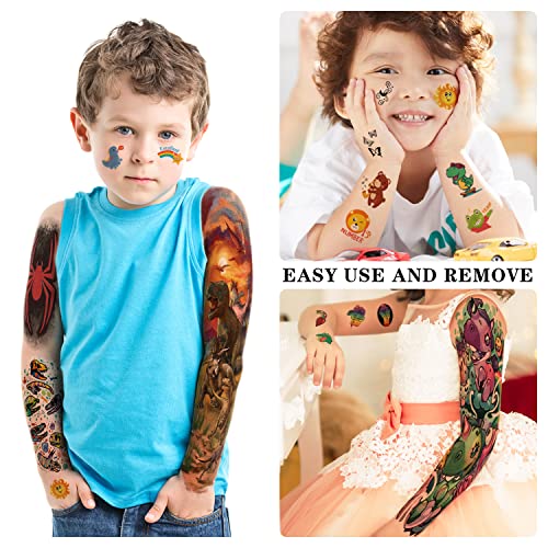 Kids Full Arm Temporary Tattoo 52 Sheets Fake Tattoos, Temporary Tattoos Realistic Dinosaur Monster Car Shark Planet Spider for Boys, Princess Ca