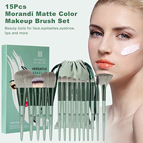 Makeup Brushes HEYMKGO 15pcs Premium Synthetic Bristles Green Conical Handle Kabuki Foundation Brush Makeup Sets Professional Portable Flannel Ba