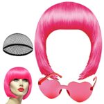 PLULON Peach Pink Bob Wig and Sunglass Set, Neon Short Bob Wig Sunglass Pack Costume Colorful Cosplay Wig Hairpieces for Bachelorette Neon Party