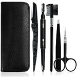 Gibot Eyebrow Set, 5pcs Stainless Steel Eyebrow Grooming Kit with Tweezers, Scissors, Eyebrow Brush Comb, Eyebrow Pencil, Razor and Travel Case f