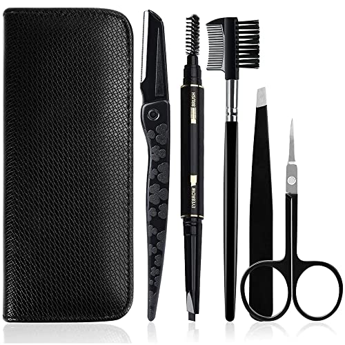 Gibot Eyebrow Set, 5pcs Stainless Steel Eyebrow Grooming Kit with Tweezers, Scissors, Eyebrow Brush Comb, Eyebrow Pencil, Razor and Travel Case f