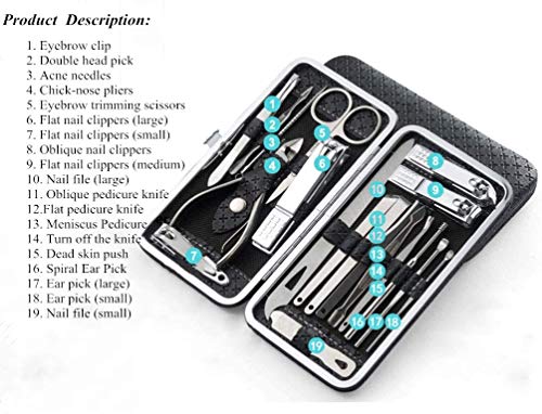 Queta Manicure Set 19 PCS Professional Nail Clippers Kit Pedicure Care Tools-Stainless Steel Grooming Tools With PU Leather Case for Travel & Hom