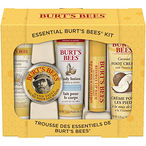 Burt's Bees Essential Gift Set, Lip Balm, Hand Salve, Body Lotion, Foot Cream & Face Cleanser, 5 Travel Size Products