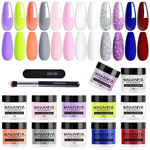 Nail Dipping Powder Kit Starter, wakaniya 12 Colors Pink Glitter Dip Powder Nail Kit with Activator, Base Top Coat and Manicure Essential Tool Se