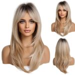 HAIRCUBE Long Blonde Layered Synthetic Hair Wigs for Women with Dark Roots