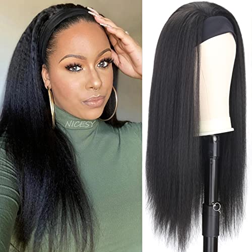 iShine Headband Wigs for Women Long Yaki Straight Headband Wigs for Black Women Afro Kinky Headband Synthetic Wig Glueless Headband Wigs with Bla