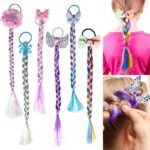 6 Pcs Colored Braids Hair Extensions for Kids with Rubber Bands Ponytails Hair Bows Rainbow Synthetic Hairpieces Girls Hair Extensions Accessorie