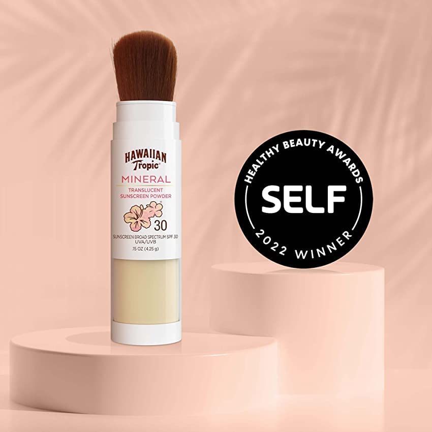 Hawaiian Tropic Mineral Powder Sunscreen Brush, SPF 30 | SPF Powder Sunscreen for Face, Brush On Sunscreen Powder for Face, Translucent Powder Su