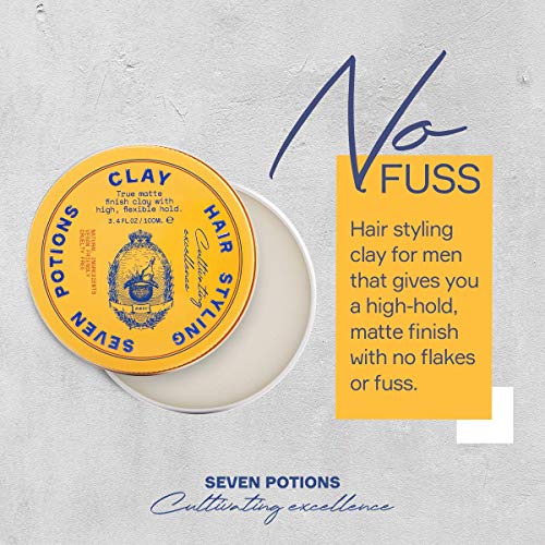Seven Potions Men's Hair Styling Clay — Natural, Water-Based, Matte Hair Wax, High Hold Hair Styling Product — 100% Vegan, Cruelty Free (100ml)