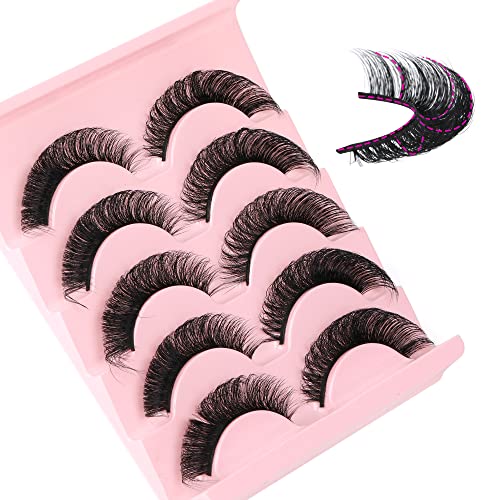 Newcally Eyelashes Russian Strip Lashes Natural Wispy Fluffy Thick Fake Eyelashes Plant Fiber Cat Eye 3D False Eye Lashes 5 Pairs Pack