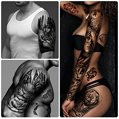Metuu 46 Sheets Full Arm Waterproof Temporary Tattoos For Men(L22.8“xW7”), Tiger Clock Flower Skeleton Animals Fake Tattoos For Adult Men and Wom