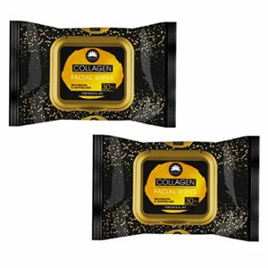 2 Pack Collagen Infused Face Wipes Sensitive Skin Clean Facial Daily Aloe Vera Extract Rejuvenate Soothe Moisturising Skin for Women & Men Makeup