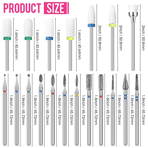 19 Pieces Nail Drill Bits Set Acrylic Nail Bits Ceramic Efile Nail Drill Bit Diamond Cuticle Electric Nail File Carbide Cuticle Remover Bits for