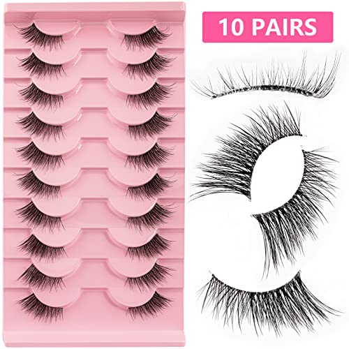 False Eyelashes Natural Look Half Lashes Short Wispy Clear Band Lashes Cat Eye 3D Faux Mink 3/4 Eye Lashes Fake Eyelashes Strip 10 Pairs Pack (A0