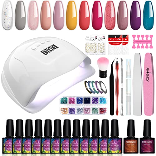 Gel Nail Polish Starter Kit with UV Light 80W LED Nail Lamp, Phoenixy 12 Colors Soak Off Gel Nail Polish Set Base and Glossy Top Coat Manicure To