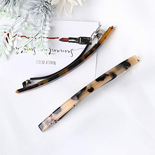 Luckycivia 2 Pack Hair Barrette, Long and Thin Handmade Celluloid Onyx Hair Clip, Elegant Automatic Hair Clip, Barrette Ponytail Holders for Wome